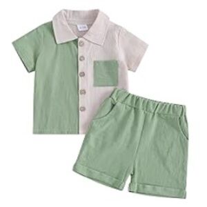 12 Months Baby Boy Green Cotton Linen Short Sleeve Button Down with Shorts set
